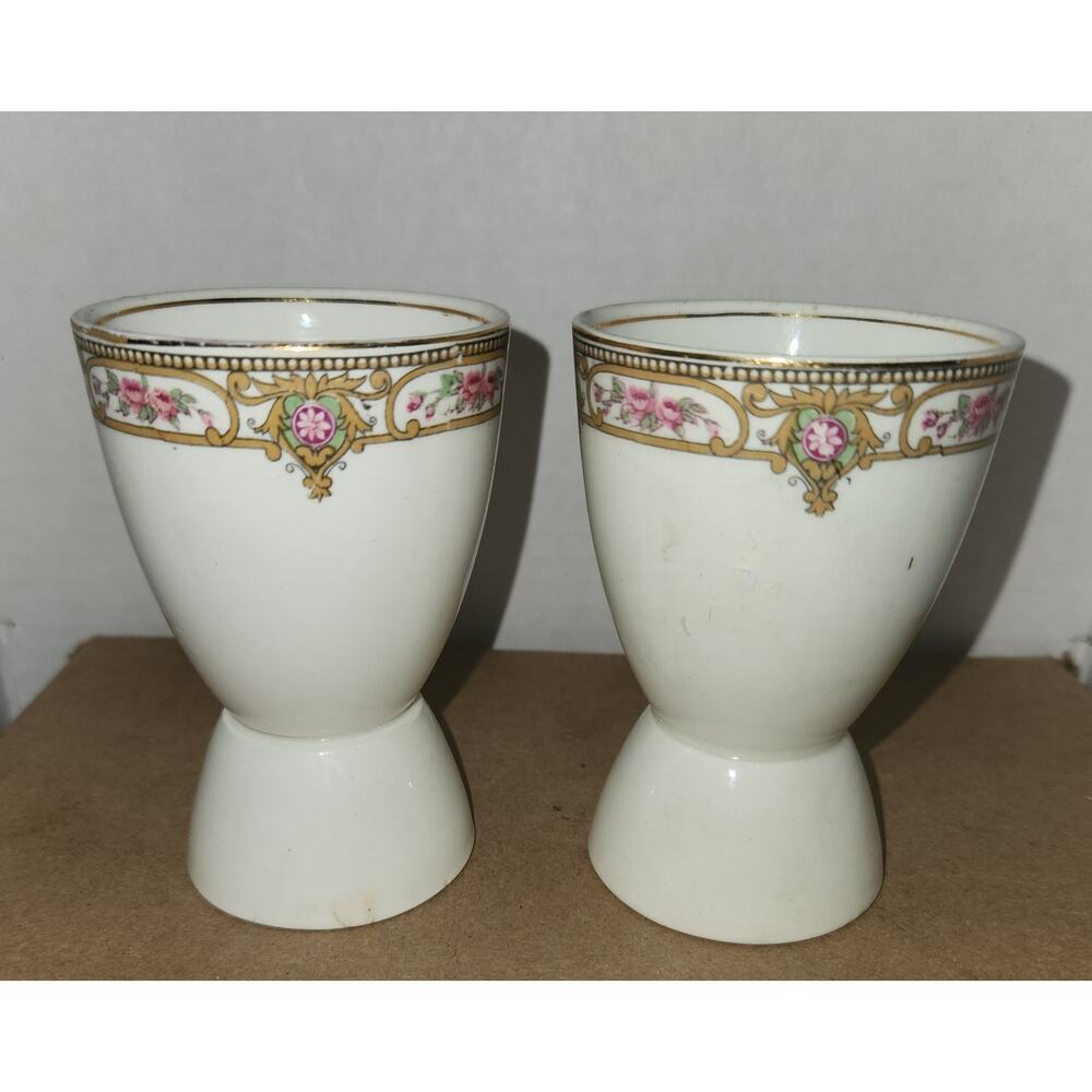 Vintage Set of 2 Floral Porcelain Double Egg Cups - Pink Roses & Gold Trim